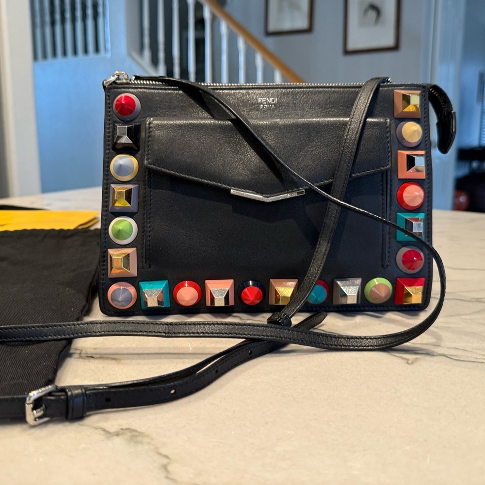 Fendi Vitello Dolce Studded Mini 2Jours Pouch Navy Multicolor Crossbody Clutch - Picture 9 of 16